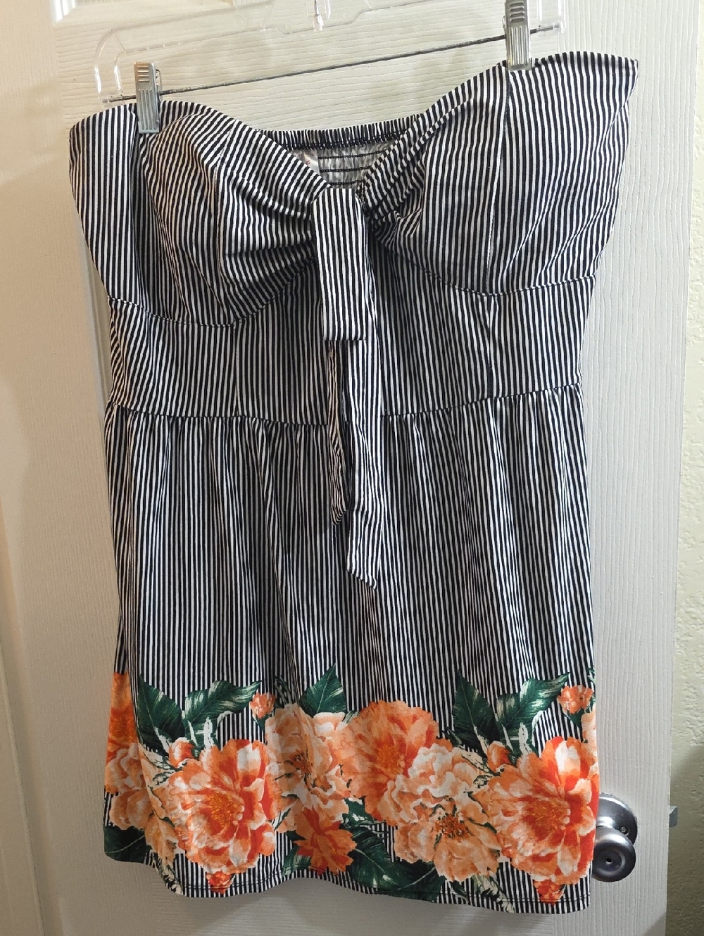 No Boundaries Black and White Striped Strapless Tunic with Orange Floral Border